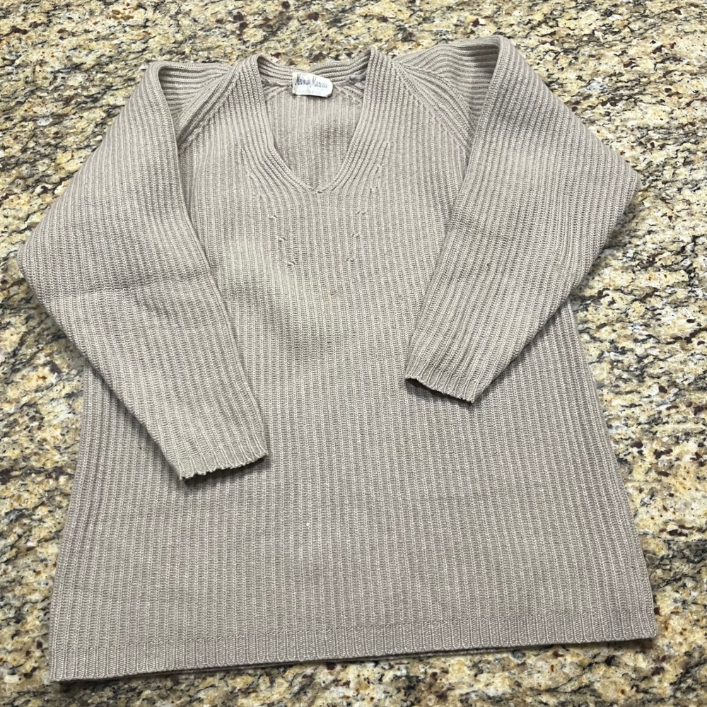 Vintage Neiman Marcus Womens Ribbed V-Neck Sweater Beige Raglan‎ Sleeve L
